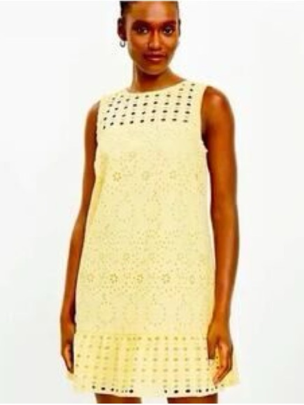 LOFT Yellow Eyelet CottagecoreShift Dress 100% Cotton Sleeveless Ruffle Hem 14P